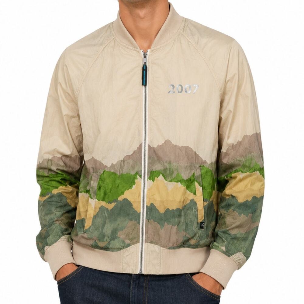 Houston White Target Bomber Jacket Mens M Landscape Print Full Zip Light Coat